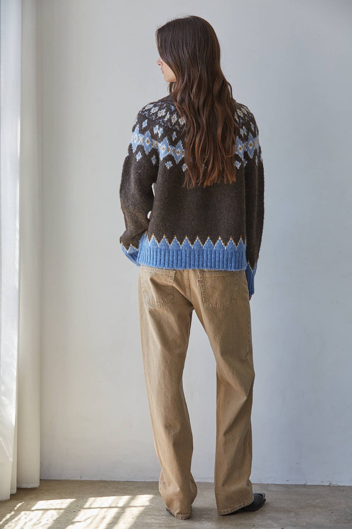 Knit Sweater Fair Isle Zip-Up Collar Neck Cardigan - Blue/Gray