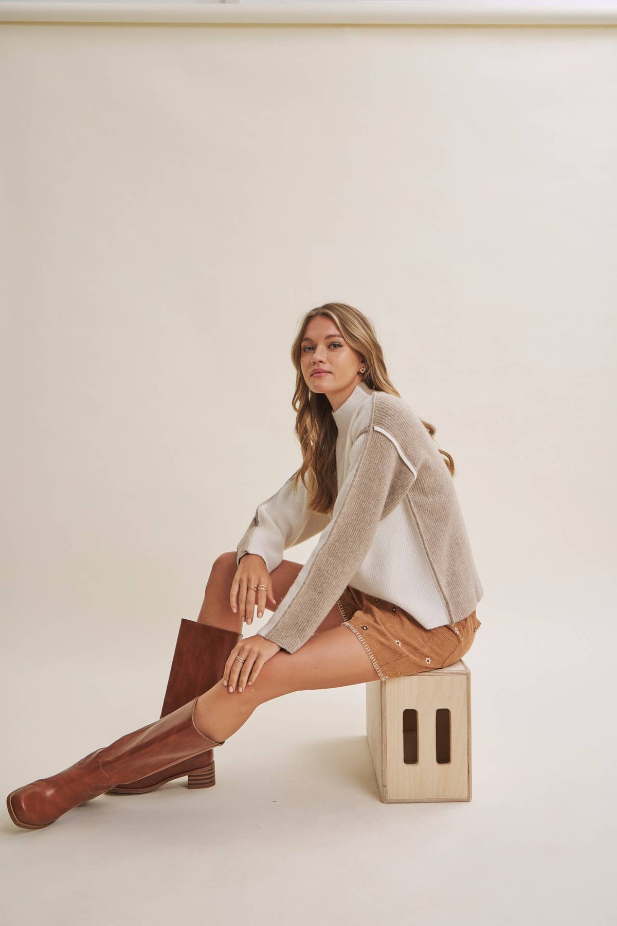 FIRST FROST COLOR BLOCK MOCK NECK WOOL BLEND SWEATER