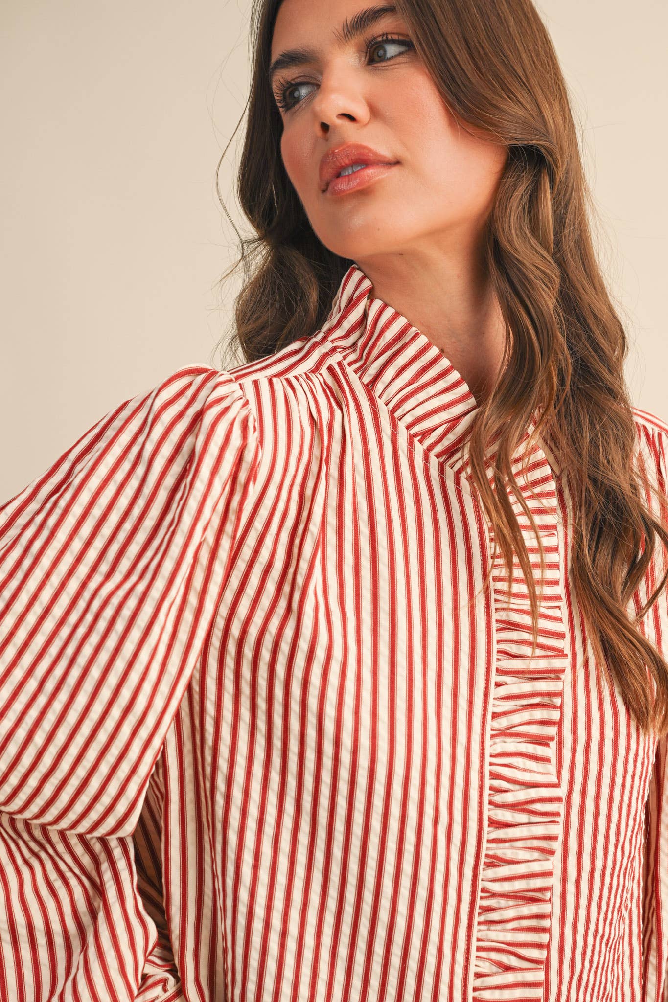 STRIPED RUFFLED BUTTON DOWN LONG SLEEVE TOP