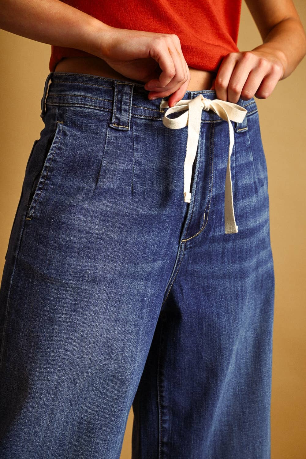 DARK WASHED TIED IN FRONT DENIM PANTS