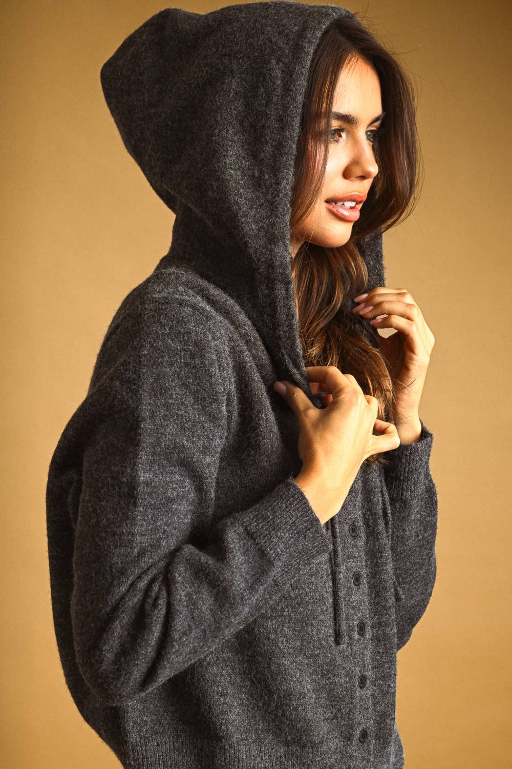 BUTTON FRONT SWEATER JACKET WITH HOOD