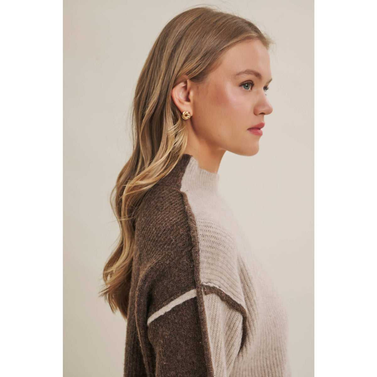 FIRST FROST COLOR BLOCK MOCK NECK WOOL BLEND SWEATER
