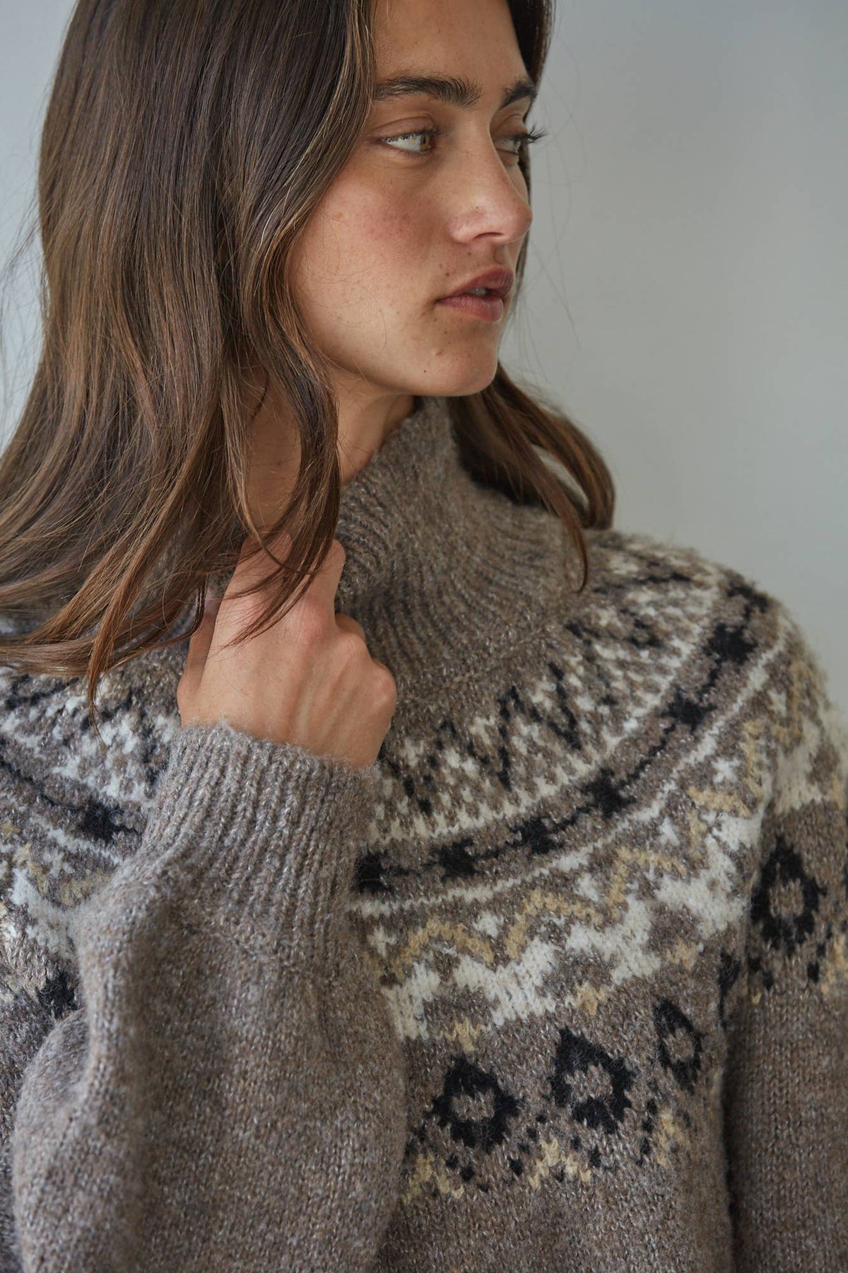 Knit Sweater Fair Isle Mock Neck Pullover - Brown / Gray