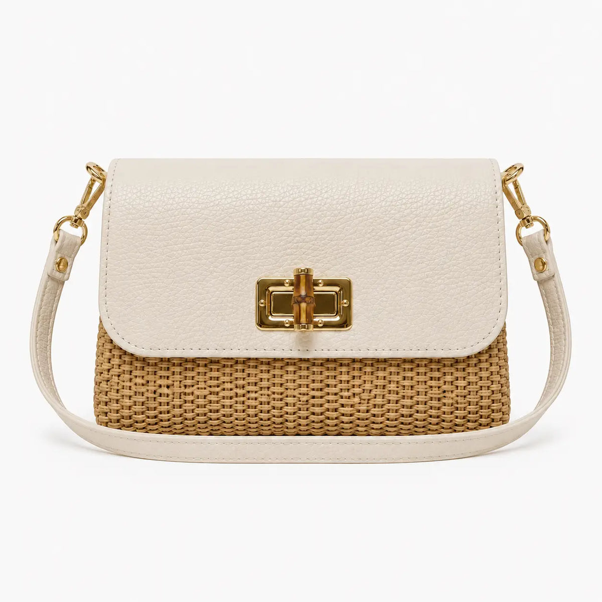 LEATHER BAMBOO CLASP & RAFFIA CROSSBODY BAG