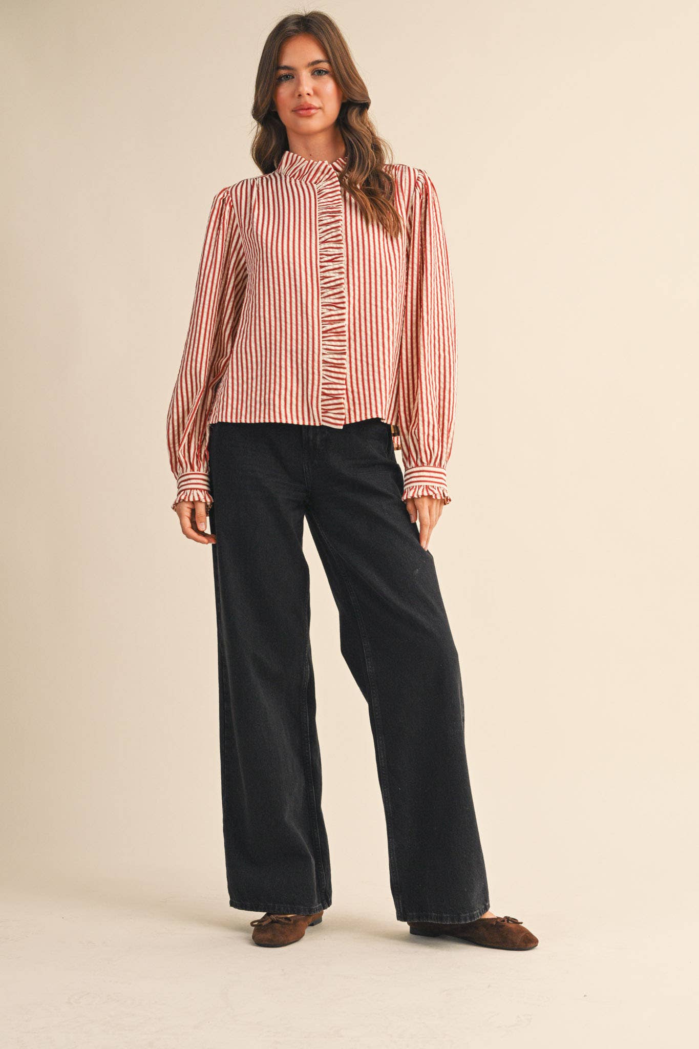 STRIPED RUFFLED BUTTON DOWN LONG SLEEVE TOP