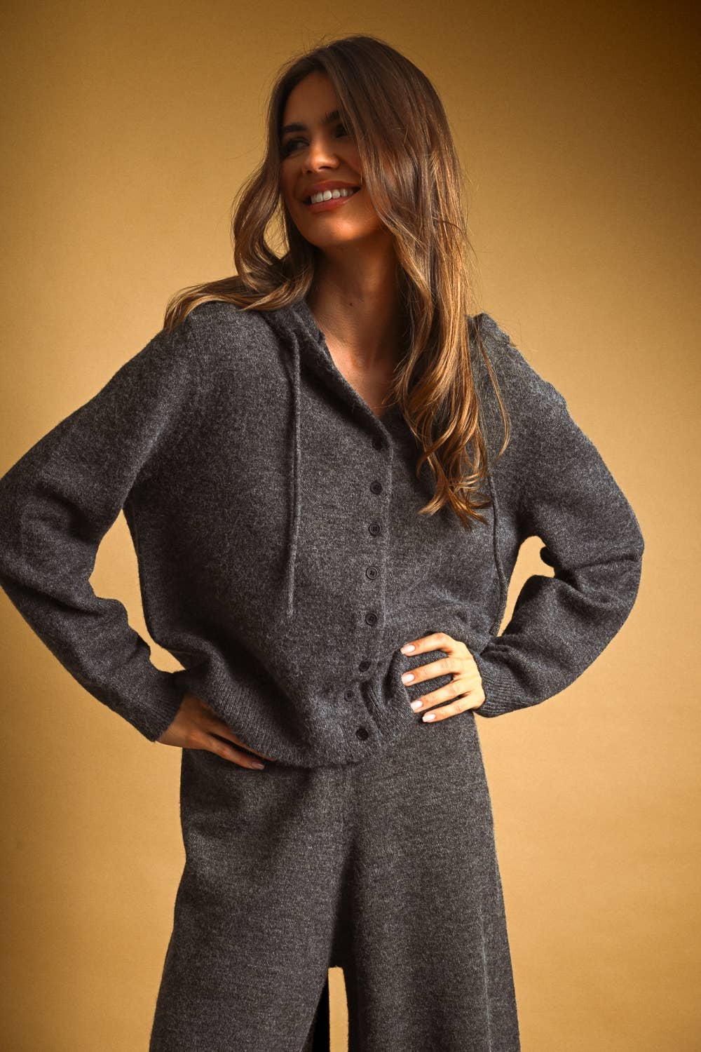 BUTTON FRONT SWEATER JACKET WITH HOOD