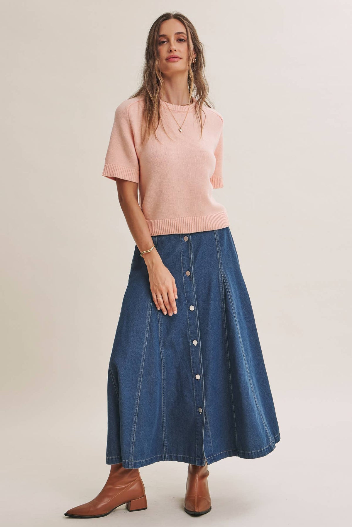 VINTAGE WASH BUTTON-FRONT PANEL DENIM A-LINE MIDI SKIRT