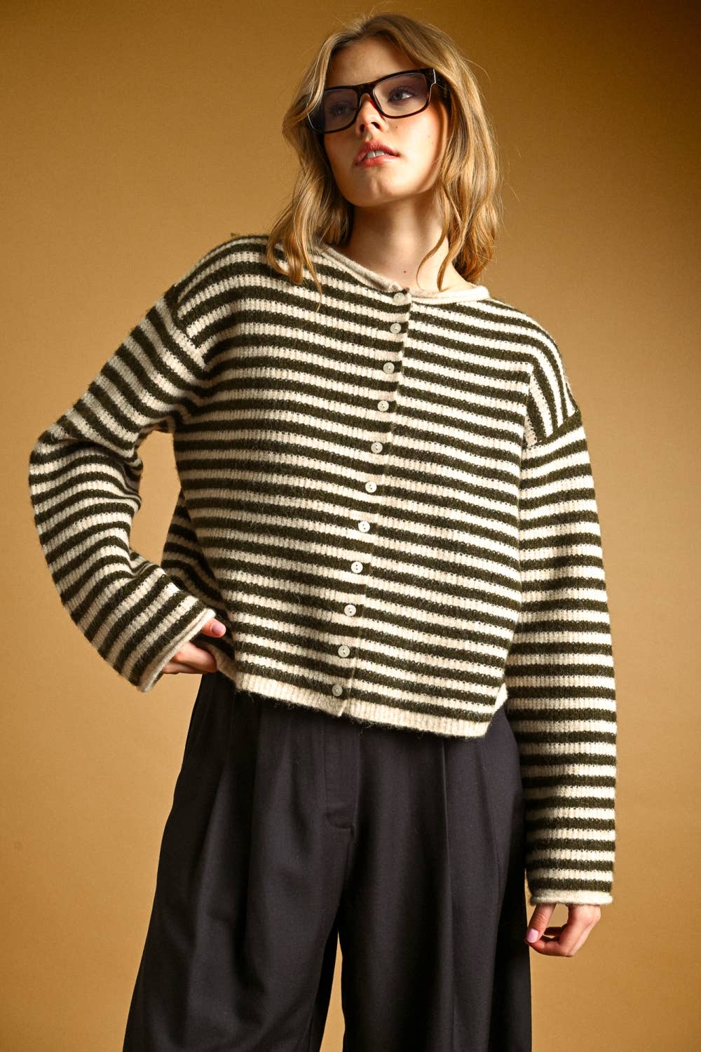 STRIPED BUTTON FRONT SWEATER CARDIGAN