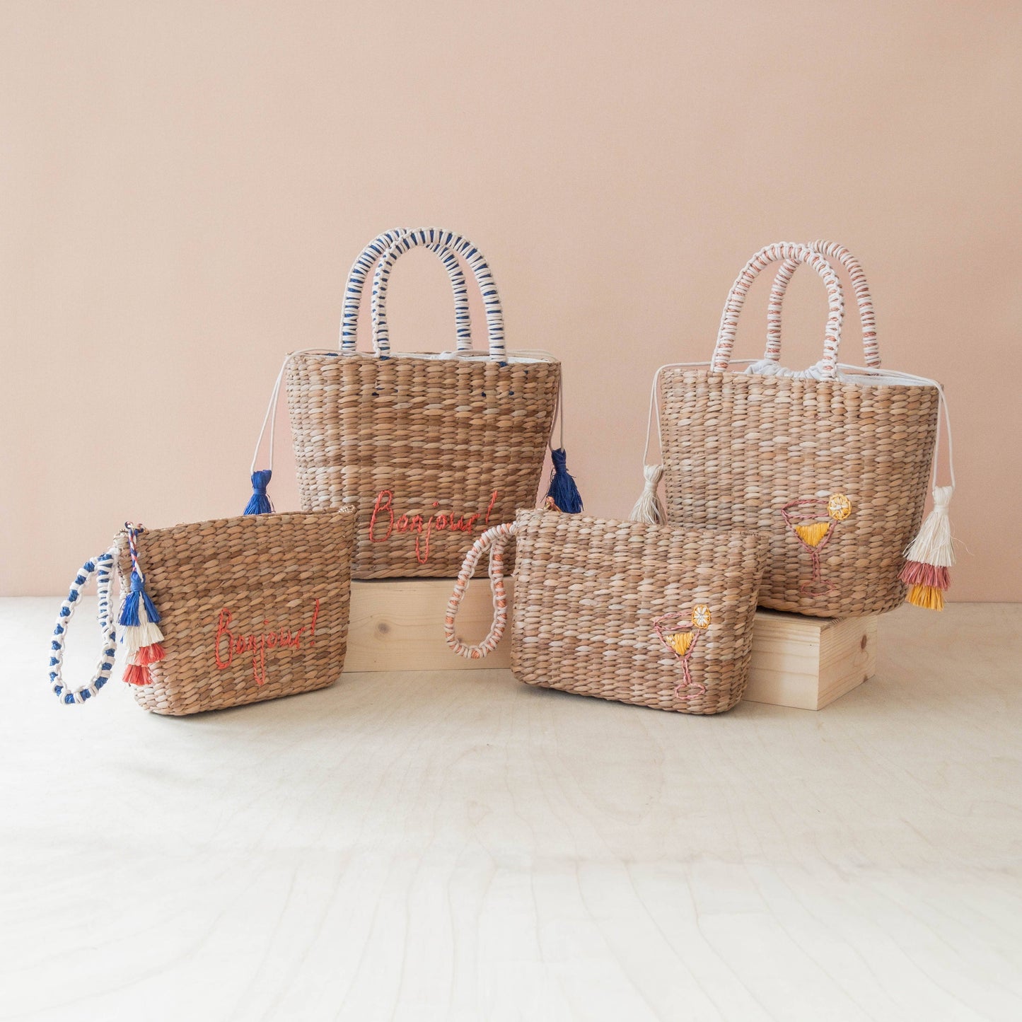 Mini Woven Tote Bag with Embroidered Cocktail – Handcrafted Straw Tote | LIKHÂ