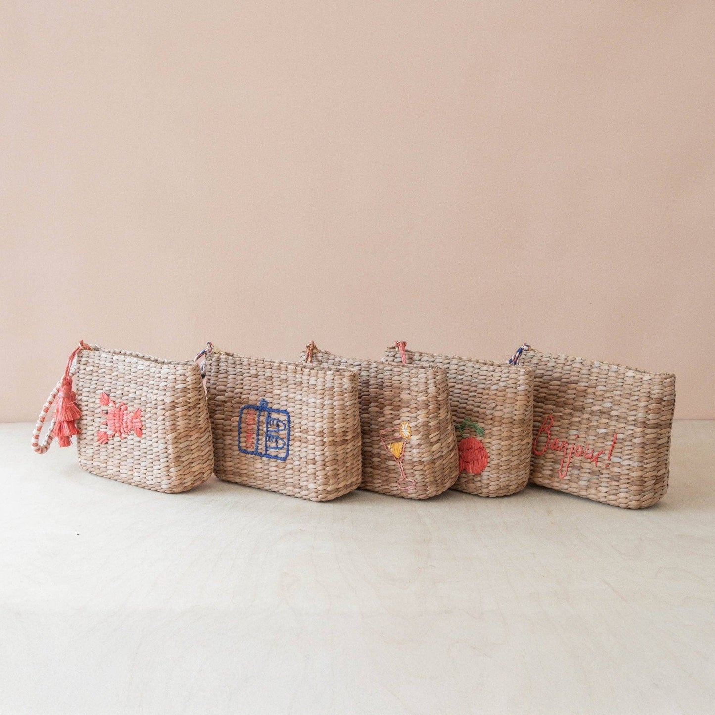 Mini Woven Pouch with Wristlet and Embroidered Sardine Can