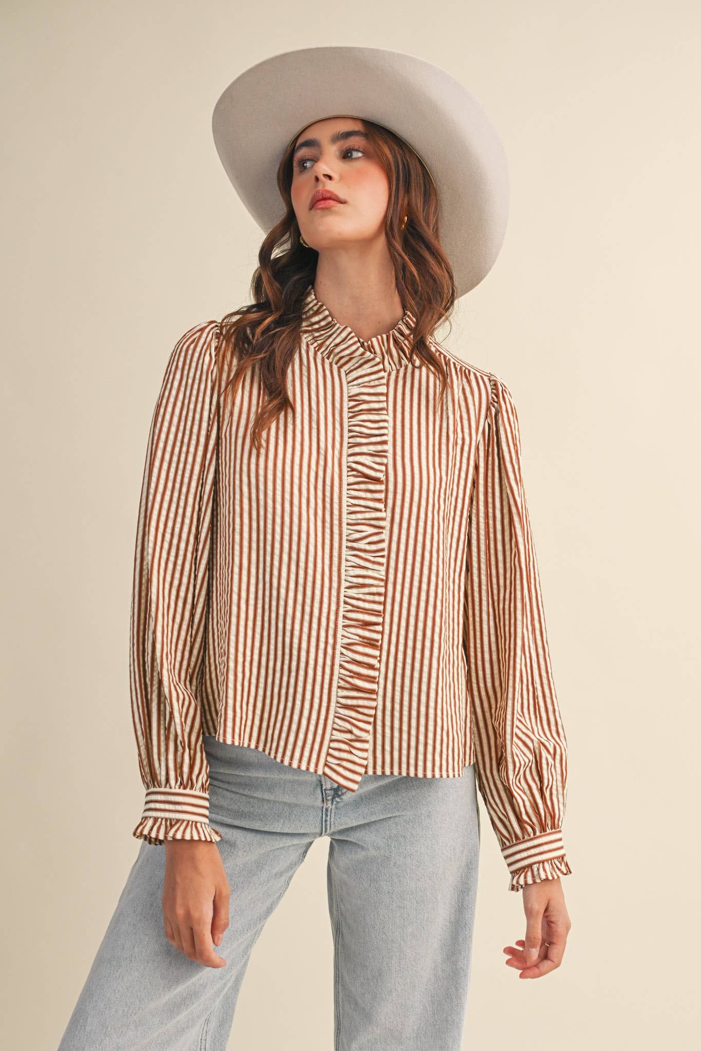 STRIPED RUFFLED BUTTON DOWN LONG SLEEVE TOP