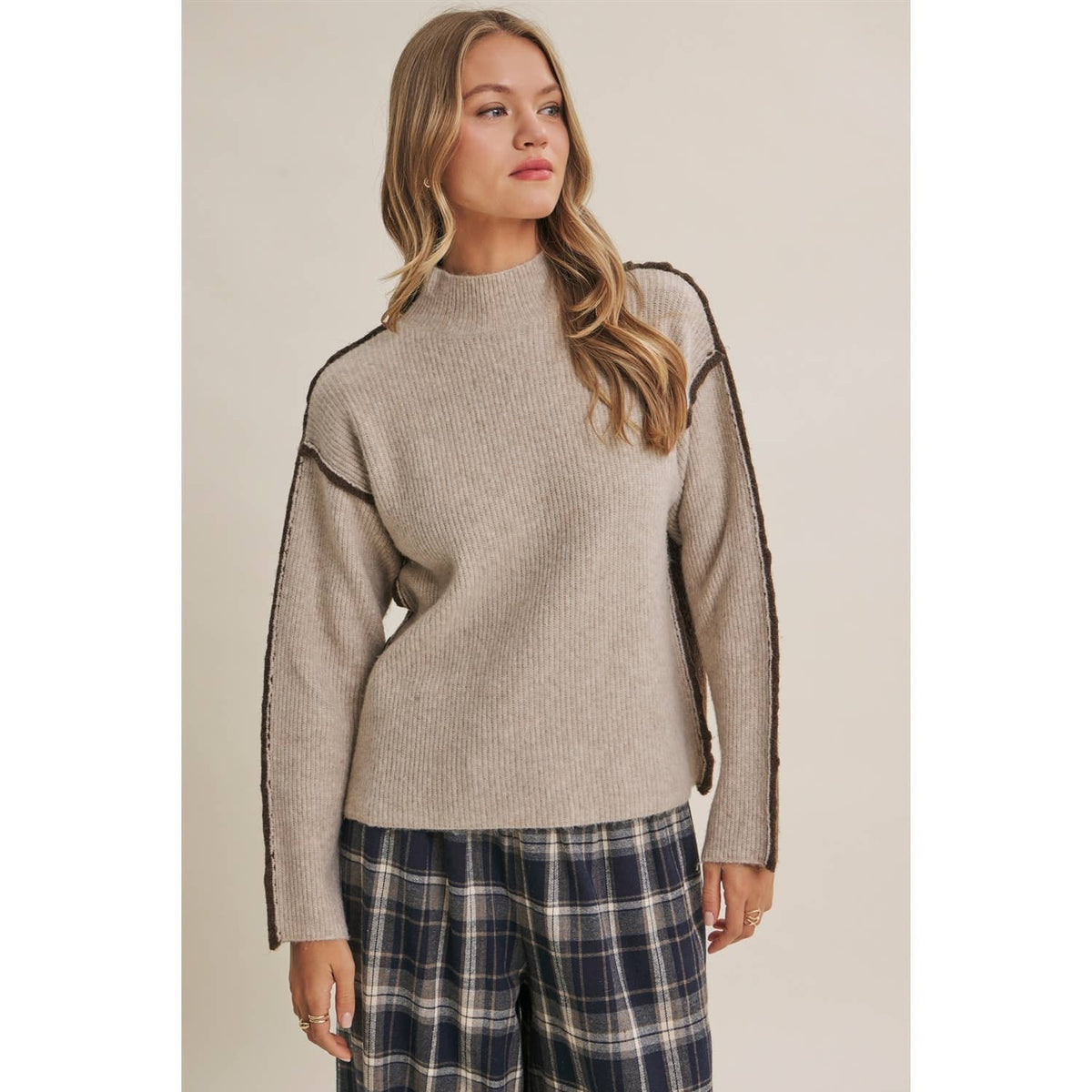 FIRST FROST COLOR BLOCK MOCK NECK WOOL BLEND SWEATER
