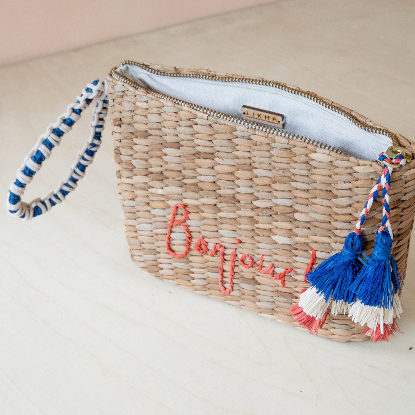 Mini Woven Pouch with Wristlet and Embroidered Bonjour