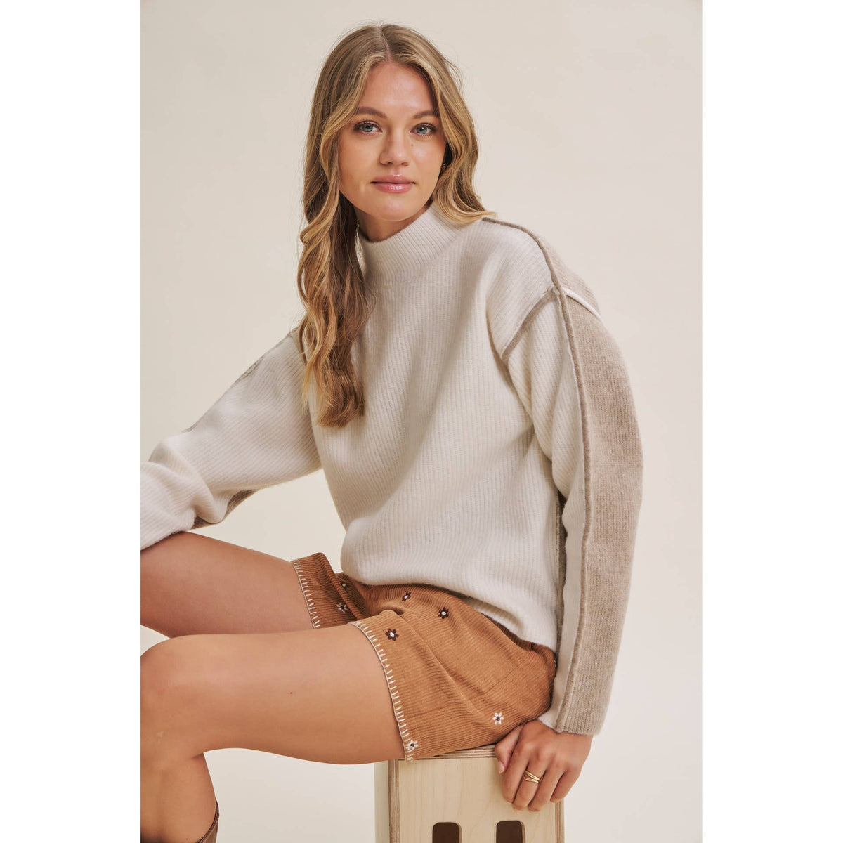 FIRST FROST COLOR BLOCK MOCK NECK WOOL BLEND SWEATER