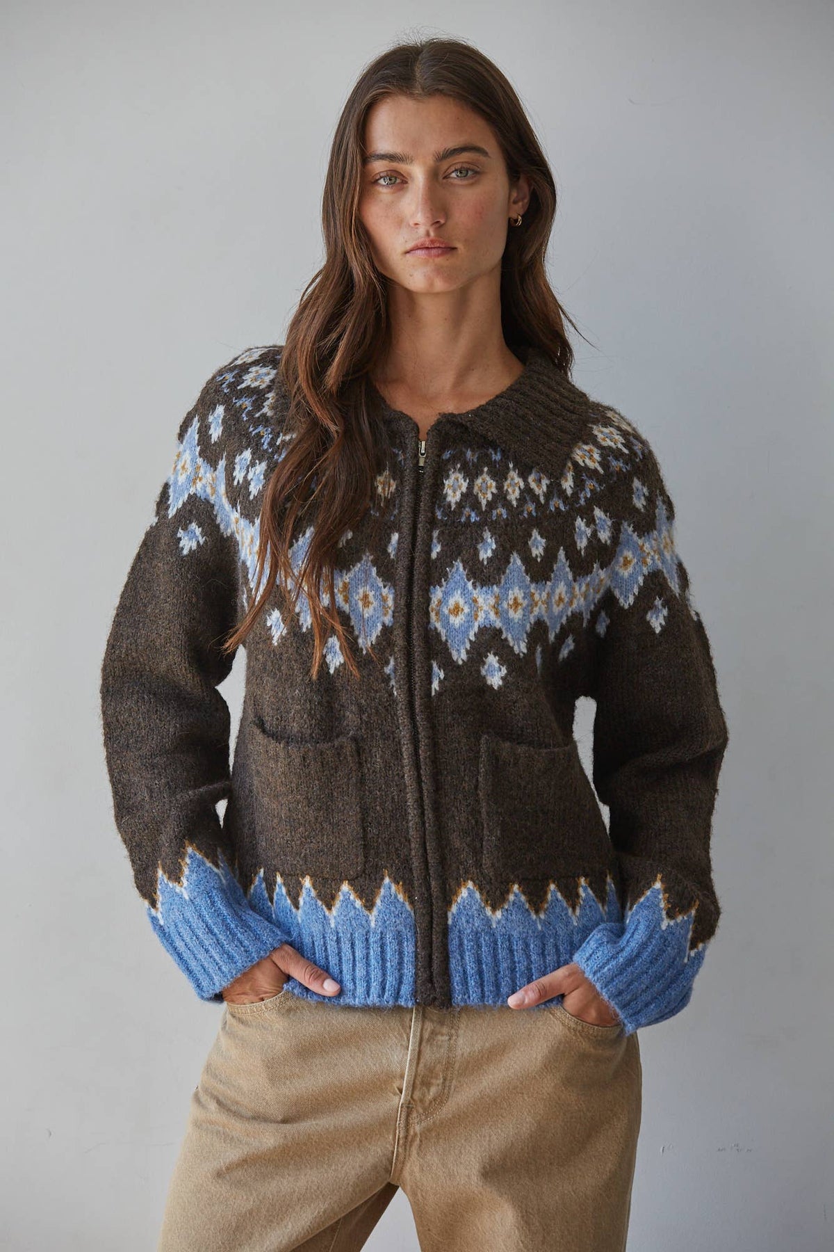 Knit Sweater Fair Isle Zip-Up Collar Neck Cardigan - Blue/Gray