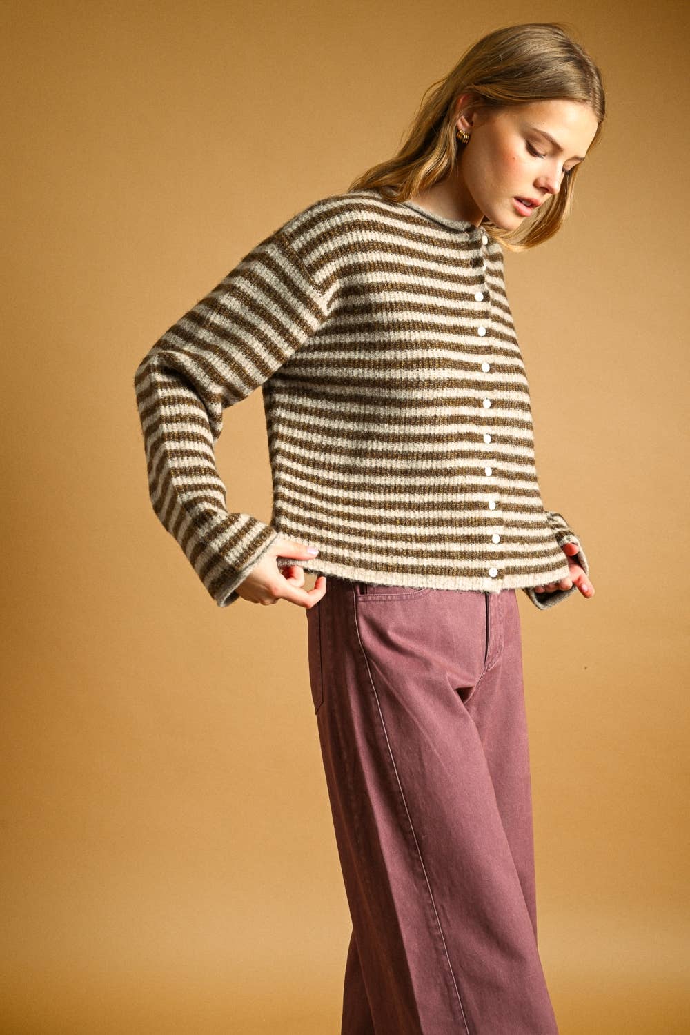 STRIPED BUTTON FRONT SWEATER CARDIGAN