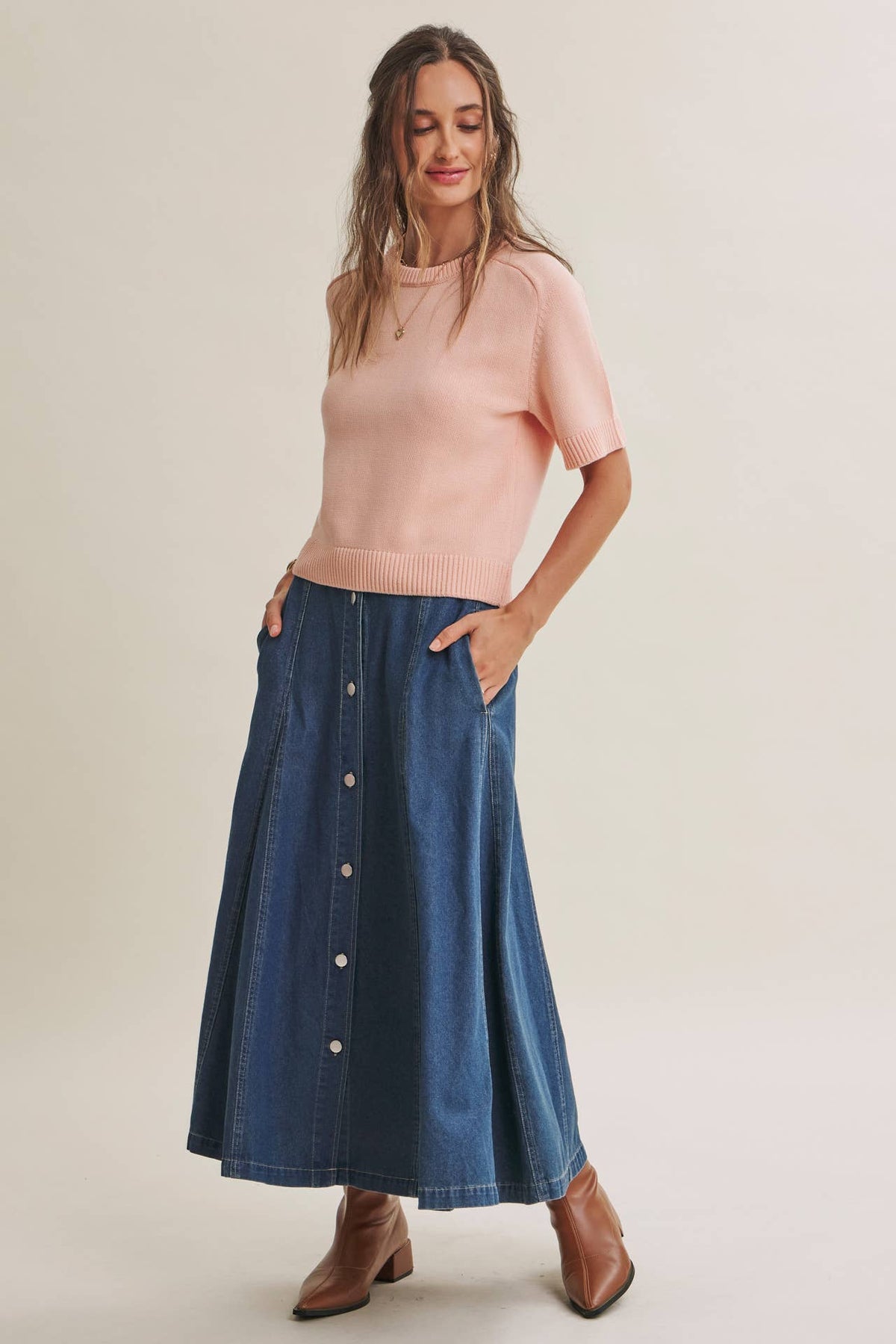 VINTAGE WASH BUTTON-FRONT PANEL DENIM A-LINE MIDI SKIRT
