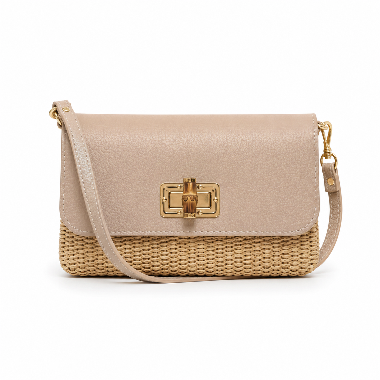 LEATHER BAMBOO CLASP & RAFFIA CROSSBODY BAG