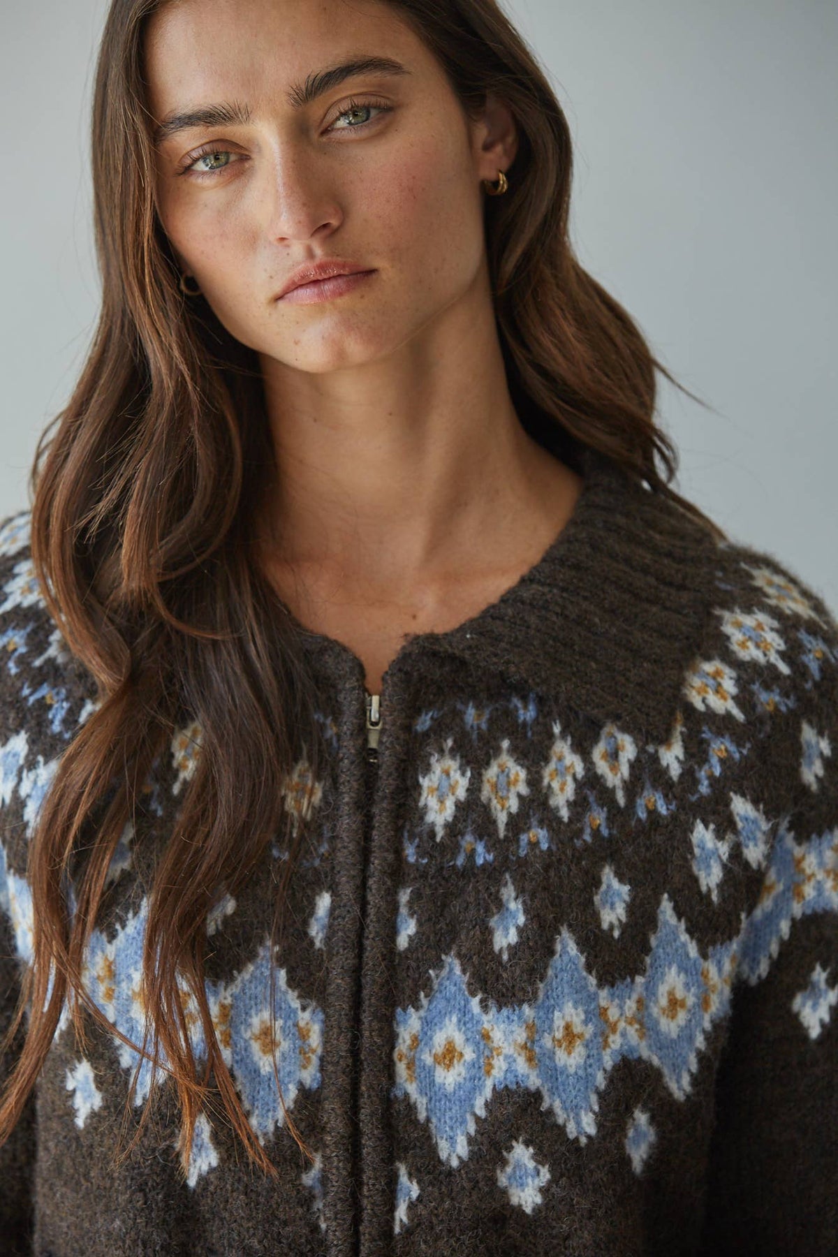 Knit Sweater Fair Isle Zip-Up Collar Neck Cardigan - Blue/Gray