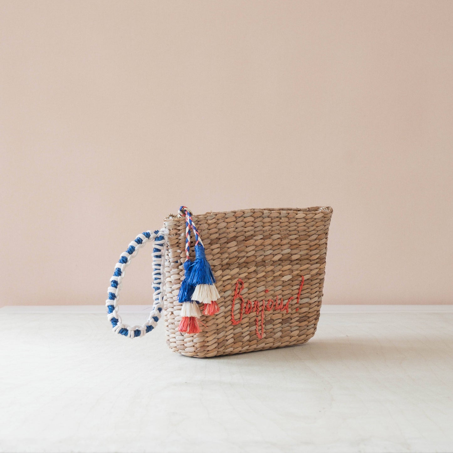 Mini Woven Pouch with Wristlet and Embroidered Bonjour