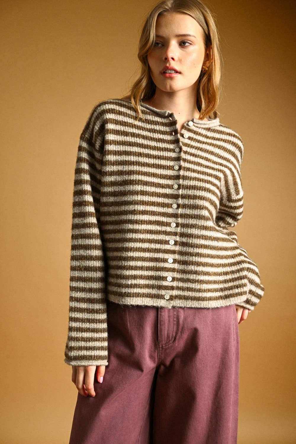 STRIPED BUTTON FRONT SWEATER CARDIGAN