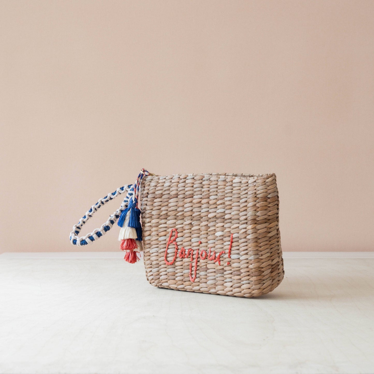 Mini Woven Pouch with Wristlet and Embroidered Bonjour