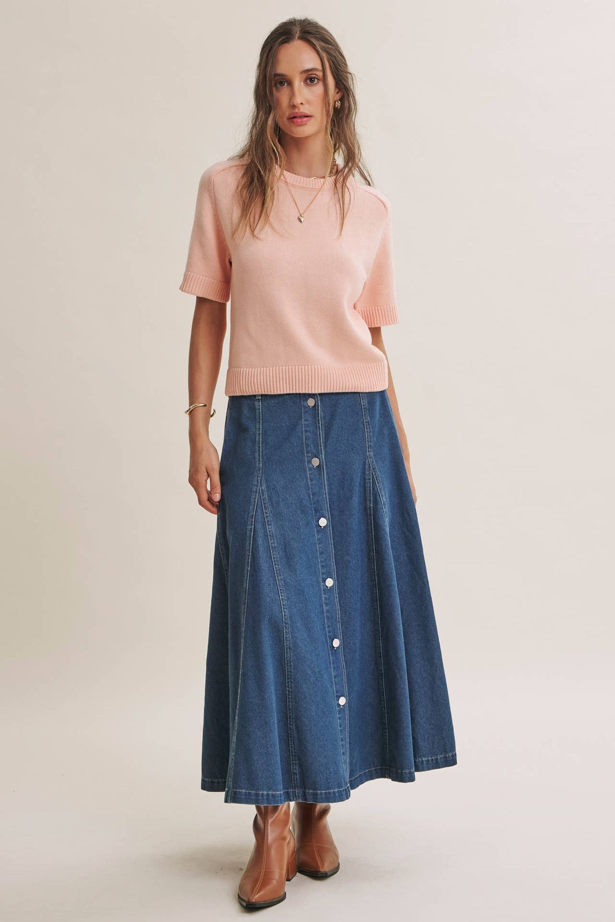 VINTAGE WASH BUTTON-FRONT PANEL DENIM A-LINE MIDI SKIRT