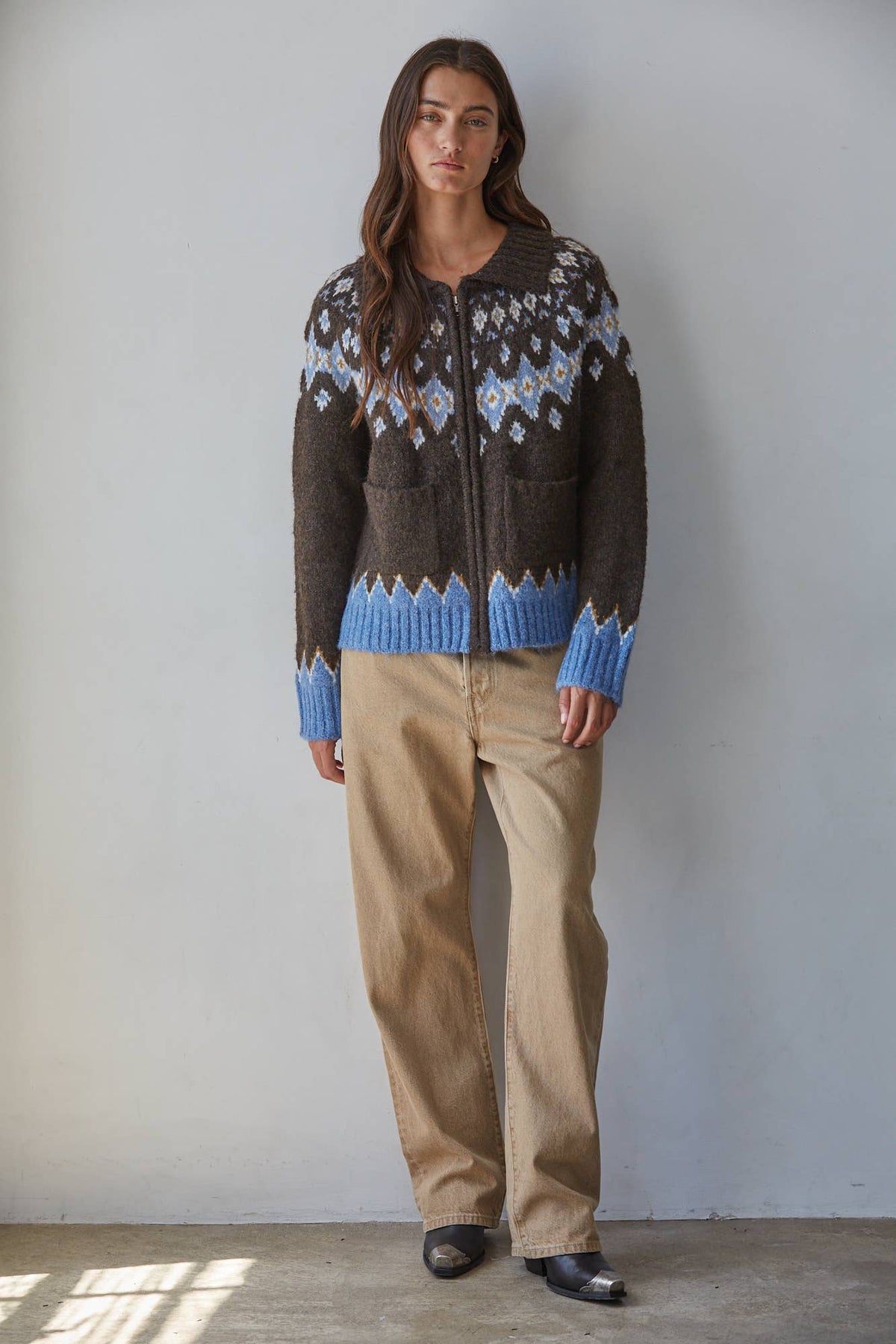 Knit Sweater Fair Isle Zip-Up Collar Neck Cardigan - Blue/Gray