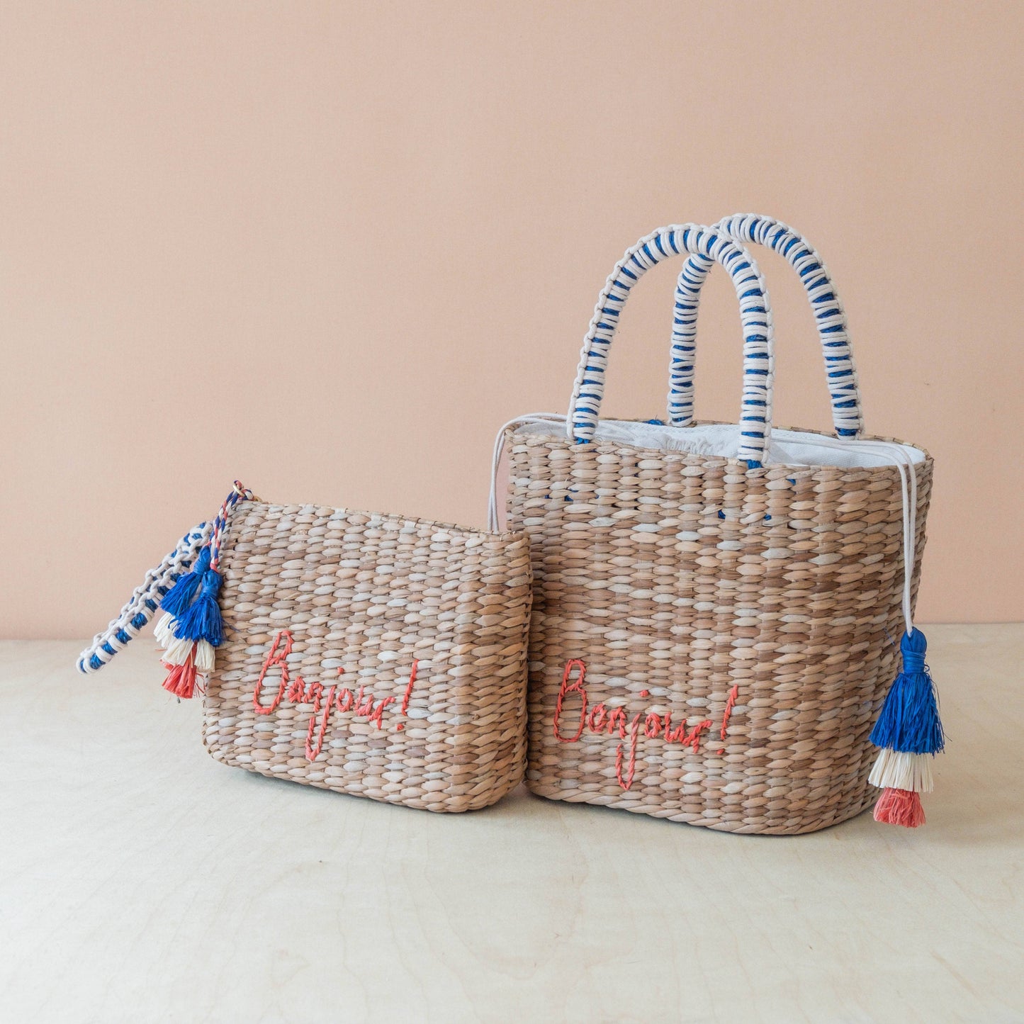 Mini Woven Pouch with Wristlet and Embroidered Bonjour