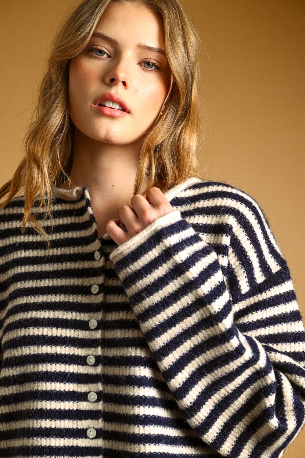 STRIPED BUTTON FRONT SWEATER CARDIGAN