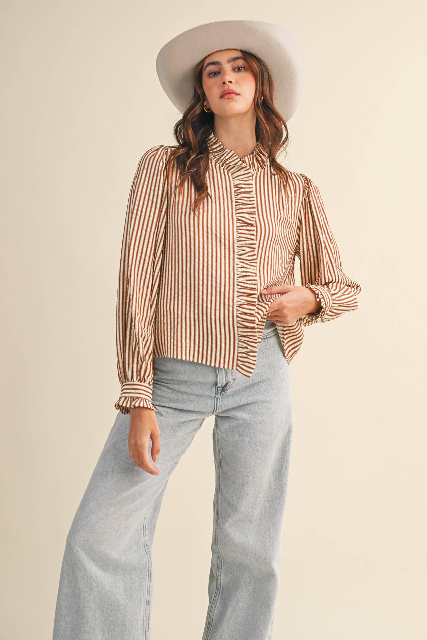 STRIPED RUFFLED BUTTON DOWN LONG SLEEVE TOP
