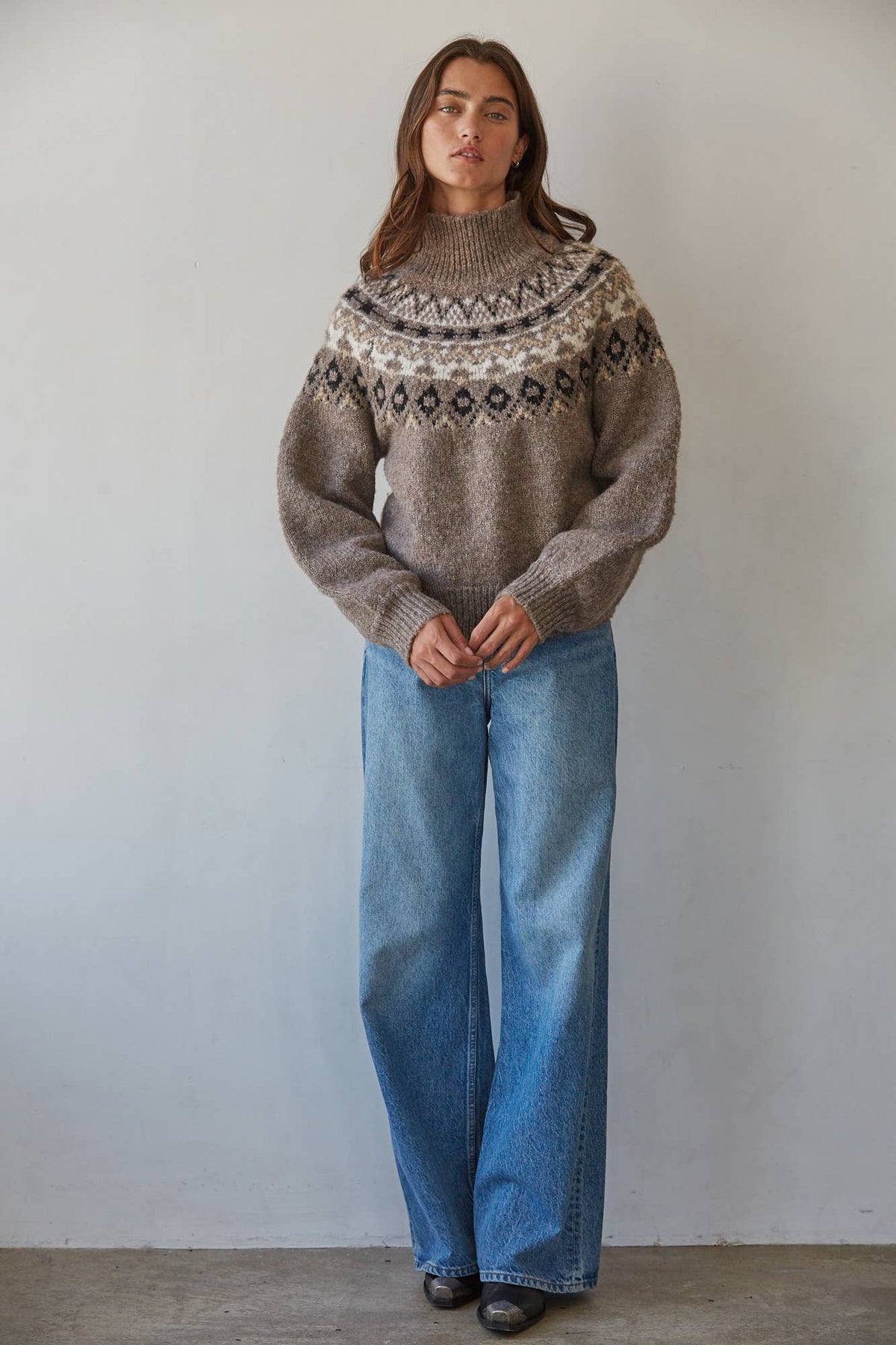 Knit Sweater Fair Isle Mock Neck Pullover - Brown / Gray